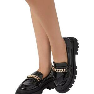 Forever 21 Black Patent Chunky Loafers Gold Chain Women's Size 6 Whimsygoth